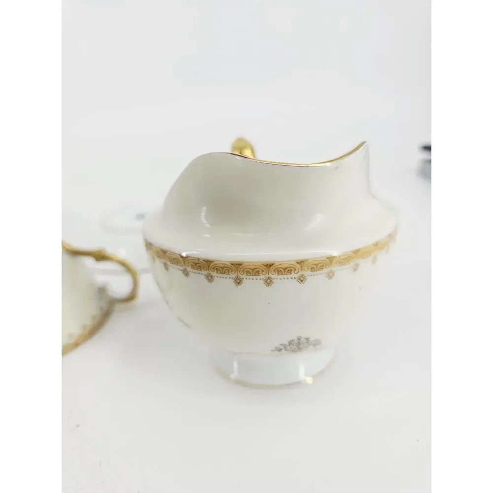 Meito Jewel Floral & Gold Pattern Set Of 2 Cups & Saucers & Creamer Japan
